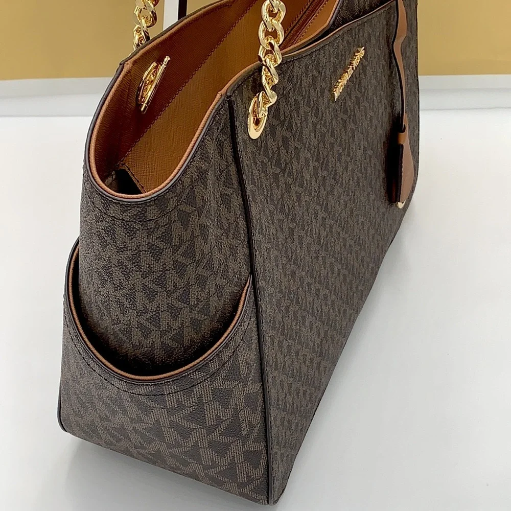 MICHAEL KORS LARGE X CHAIN LOGO SHOULDER BAG BROWN - Picture 10 of 16